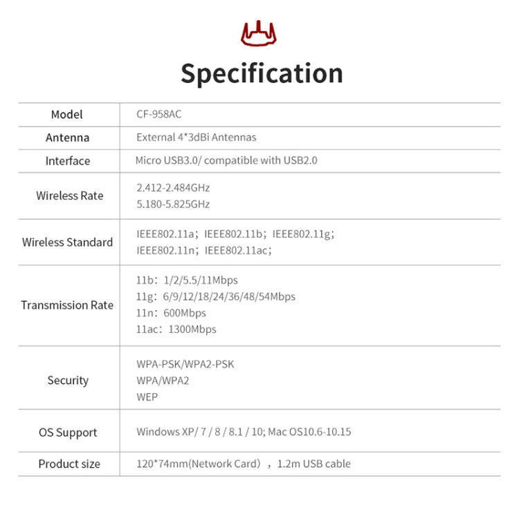 Comfast CF-958AC High Power PA Wifi Adapter 1900Mbps Gigabit E-Sports Network Card 2.4Ghz+5.8Ghz USB 3.0 PC Lan Dongle Receiver Comfast CF-958AC High Power PA Wifi Adapter 1900Mbps Gigabit E-Sports Network Card 2.4Ghz+5.8Ghz USB 3.0 PC Lan Dongle Receiver